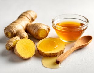 Ginger with honey on white background