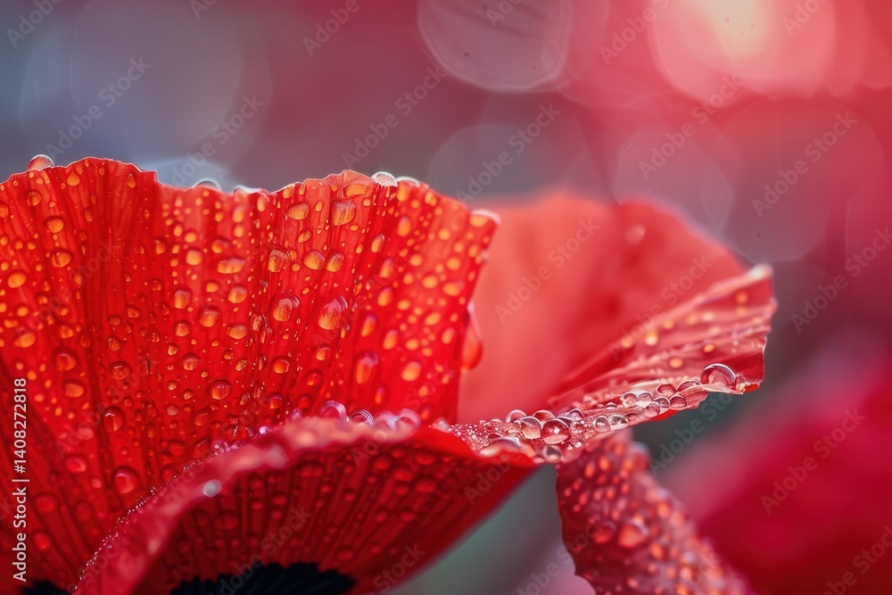 Poster macro shot of red poppy with dewdrops and soft bokeh in patriotic colors for artistic design