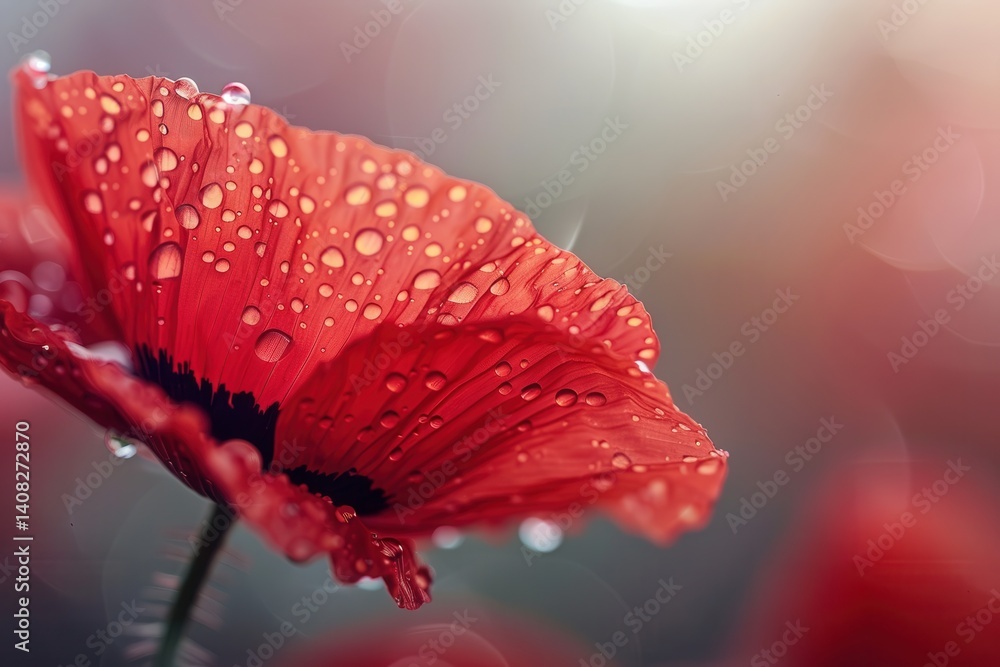 Aufkleber macro view of red poppy with water droplets and textured petals in softly blurred background