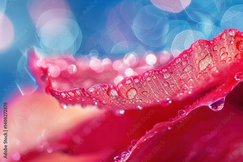 Poster macro close-up of morning dew on red poppy petals with soft bokeh background