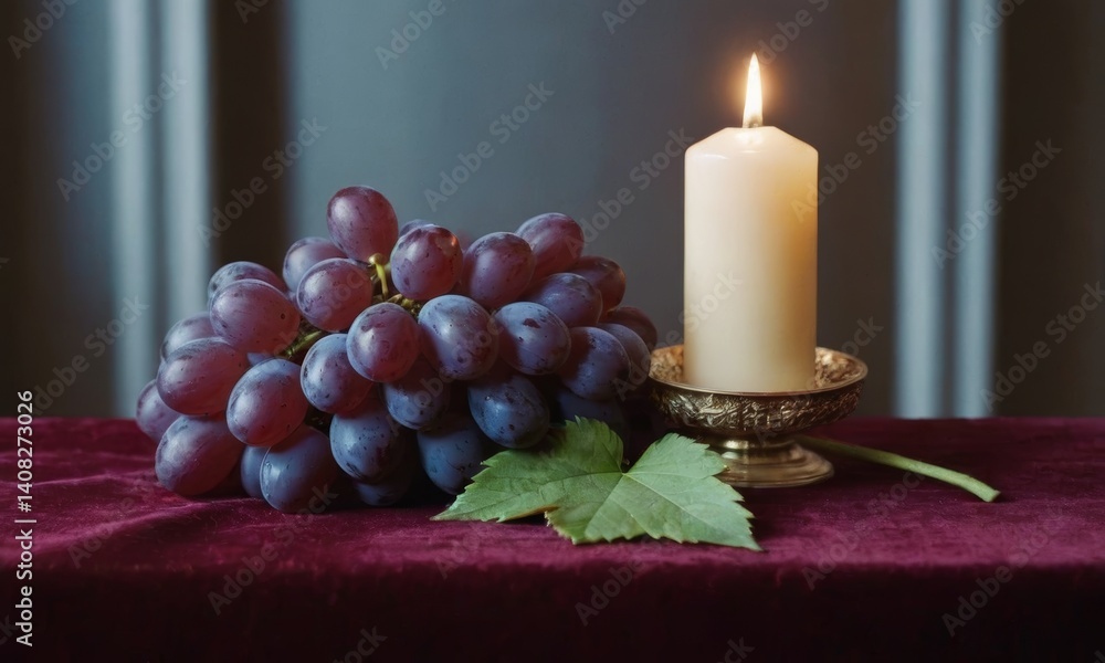 Poster fresh grapes with a candle on an elegant table setting create a serene atmosphere in a cozy room dur