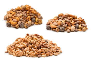 A group of almonds, pistachios, walnuts, macadamia, cashews.