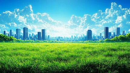 Wide green field contrasts with silhouette of skyscrapers under bright sky