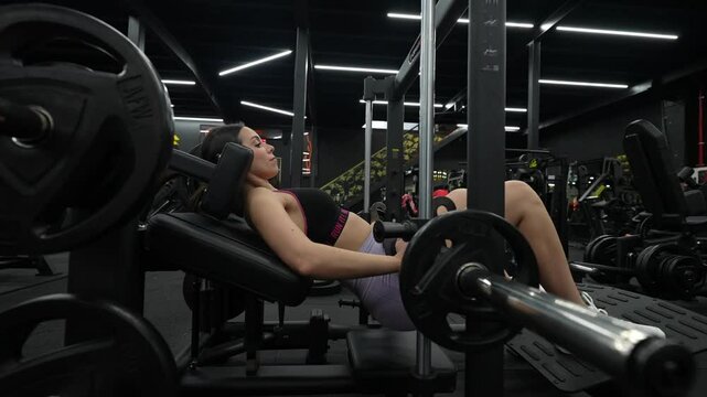 Determined sportswoman performing hip thrusts with barbell in modern gym