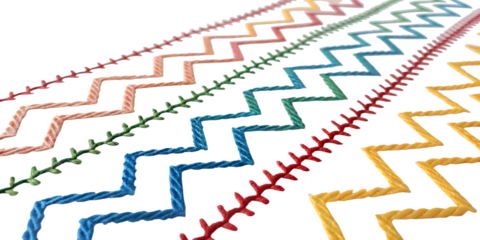 Watercolor Double and zigzag sewing thread stitch isolated white background