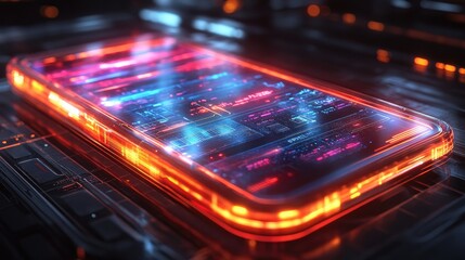 A glowing smartphone displaying digital code and a futuristic aesthetic