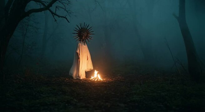 a person in white cloak with sun mask in front of the bonfire for the pagan ritual