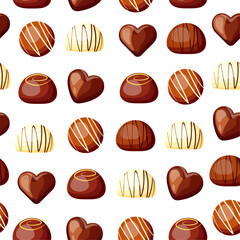 Seamless pattern with delicious chocolate candies in cartoon style.Vector illustration of sweet: white, milk chocolate candies of different shapes with glaze isolated on white background.Packaging.