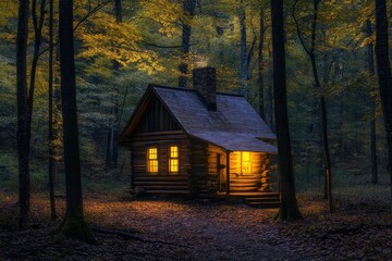 A house in the heart of the forest is surrounded by trees, the branches of which are gently illuminated by warm light from within.