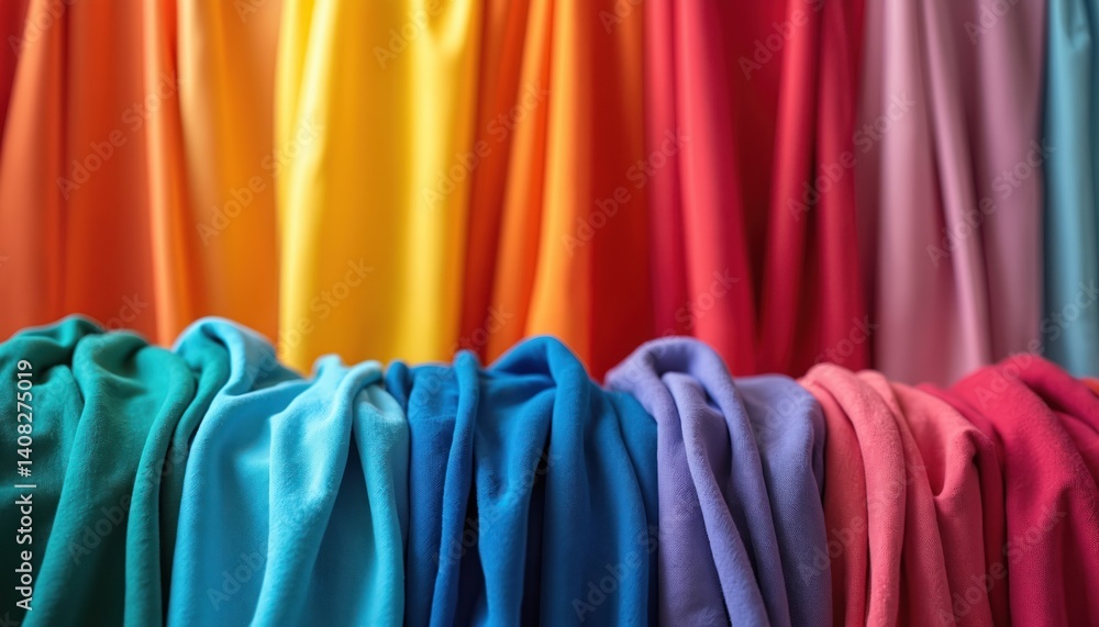 Poster vibrant spectrum background composed of colorful fabric drapes. rainbow colors create cheerful mood.