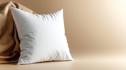   A white pillow sits atop a white pillowcase, next to a brown pillow on a tan wall