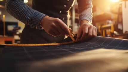 Tailor measuring fabric with a tape measure on a cutting table. Featuring precision and craftsmanship