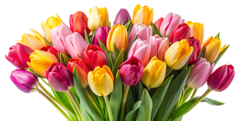 A collection of fresh natural pink, yellow, and red tulip flowers bouquet set. Generative AI isolated on white background PNG