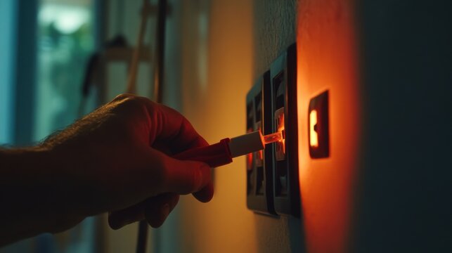 Electrician testing electrical outlets in an office. Featuring attention to detail and expertise
