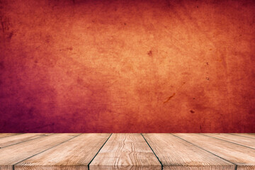 Background with wooden deck and red grunge wall