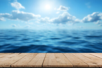 Fototapeta premium Display wood bridge shelves on Sea bokeh
