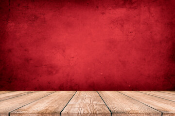Background with wooden deck and red grunge wall
