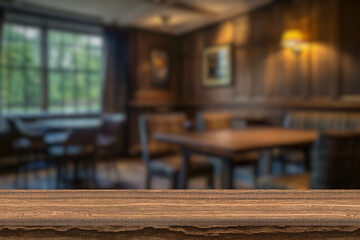 Empty wooden table top with lights bokeh on blur restaurant background.