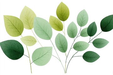 Natural green leaves arranged harmoniously on a white background for artistic decoration