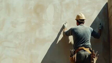 Builder applying plaster to a wall at a construction site. Featuring smooth application and detail