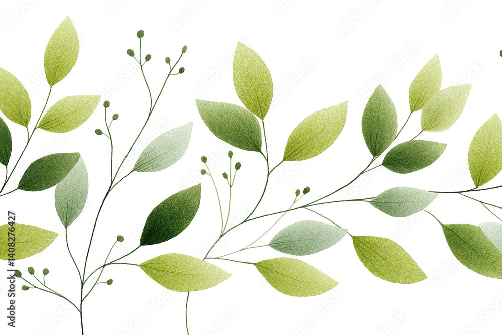 Poster leaves and branches in various shades of green creating an elegant botanical pattern on a light back