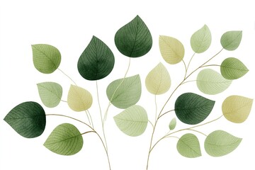 Delicate green leaves arranged artistically in a symmetrical pattern highlighting various shades and shapes