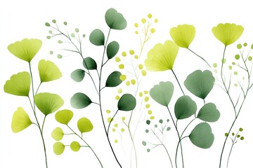 Delicate green and yellow foliage arrangement showcasing various plant types in a minimalist design
