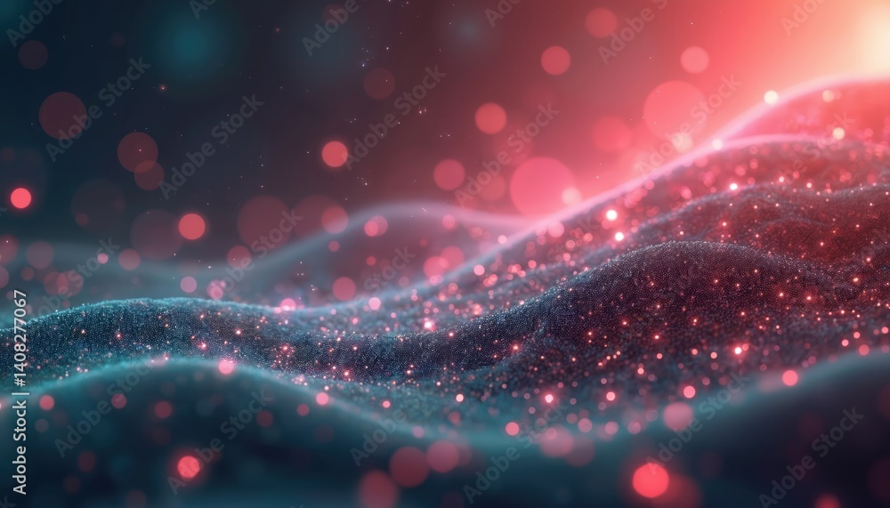 Poster Abstract illustration depicts a digital landscape with flowing, ethereal forms. Glowing particles and bokeh create dynamic feeling of energy and light. Modern tech concept.