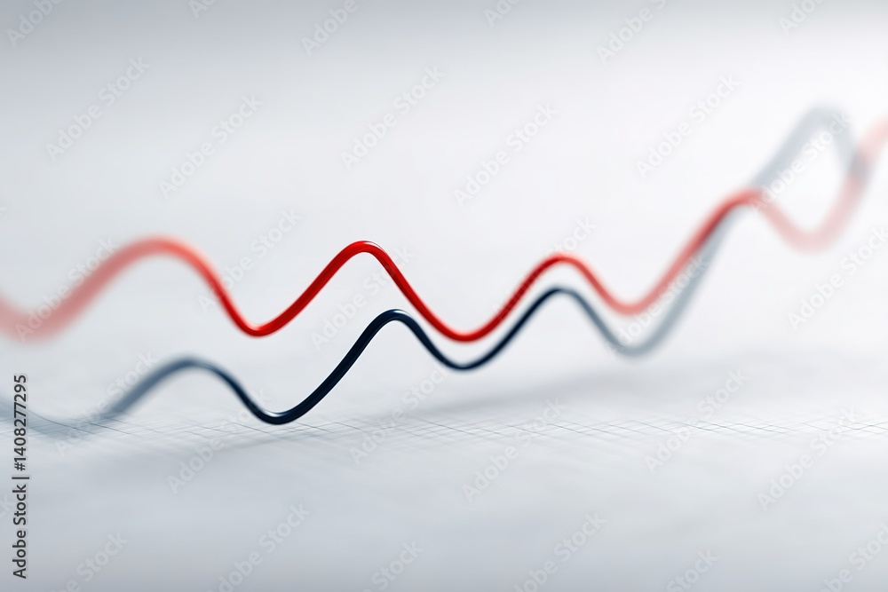 Poster data visualization with fluctuating red and blue wave patterns illustrating statistics and trends on