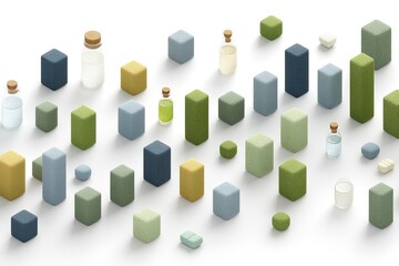 Colorful abstract arrangement of geometric shapes and small glass containers on a white background showcasing modern design