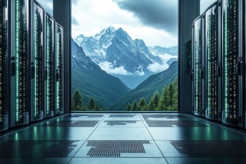 A server room with a stunning mountain view showcases sustainable data centers.