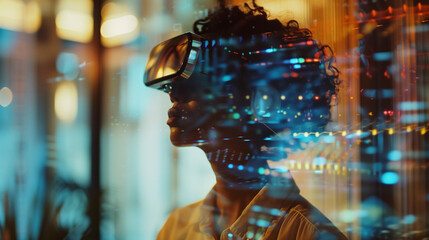 Student using VR headset & AI technology in smart classroom. Artificial intelligence, machine learning, virtual reality in education. Interactive learning, innovation, digital tools, futuristic school