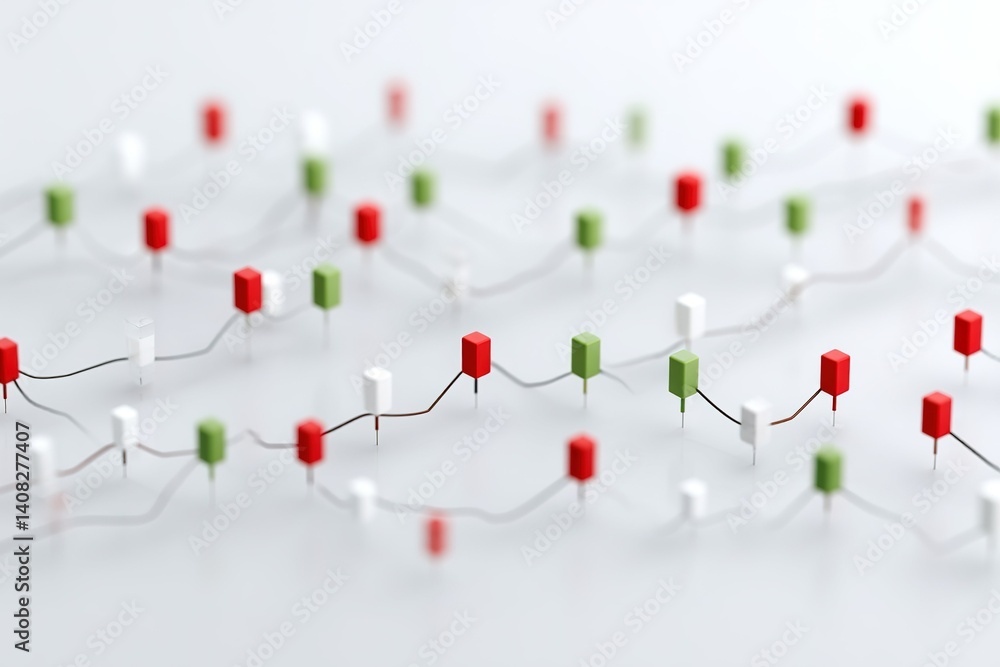 Poster colorful geometric shapes connected by wires create an intricate design for a digital representation