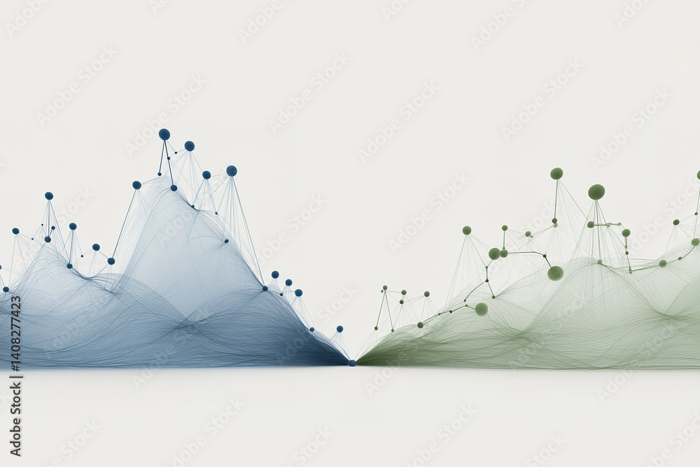 Poster connectivity patterns illustrated through abstract network graphs in shades of blue and green repres