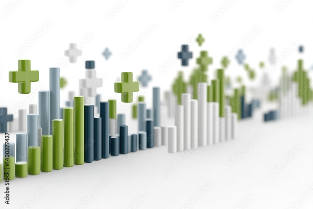 Poster colorful bar graphs and plus signs represent data analysis and growth trends in a modern business se