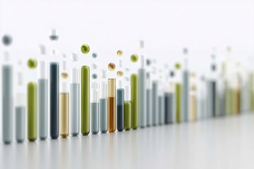 Colorful laboratory test tubes display various liquids arranged in a visually striking pattern on a neutral surface