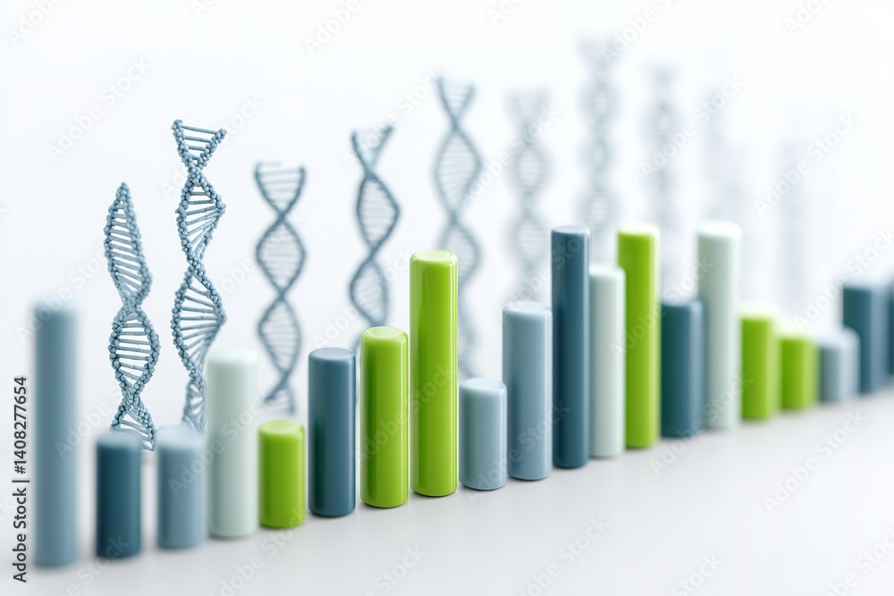 Poster data visualization of genetic trends represented by bar graphs and dna structures in a modern design