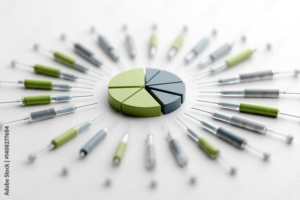 Poster healthcare data visualization with syringes arranged around a pie chart showing vaccination statisti