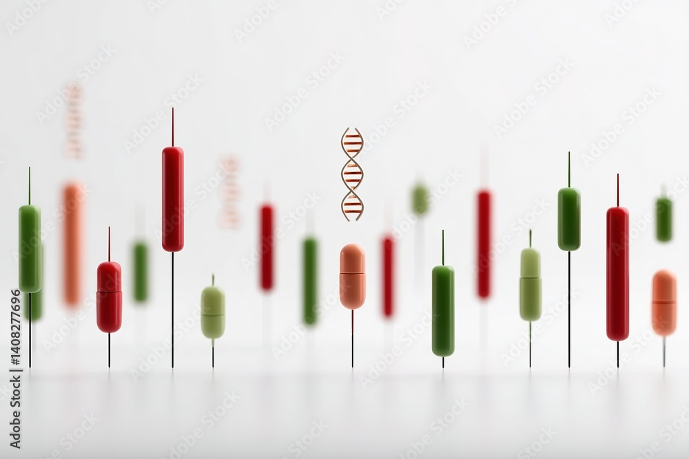 Poster financial market indicators represented by colorful candlestick patterns and a dna strand model in a