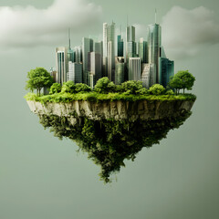 Floating city island with lush vegetation and modern skyscrapers
