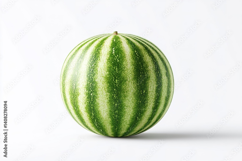 Poster green striped watermelon resting on a plain surface creating a fresh summer vibe in a neutral settin