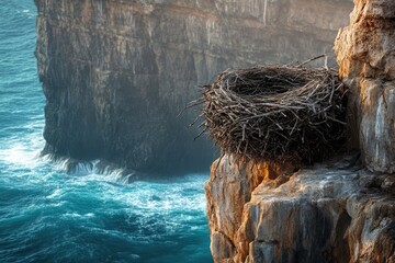 A bird's nest precariously perched on a cliff overlooking a turbulent ocean.