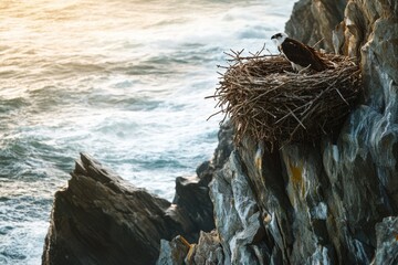 Fototapeta premium An osprey perched on its nest atop a dramatic cliff overlooking a turbulent ocean.