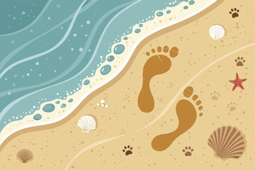 Create an abstract image depicting stylized footprints in sun-drenched sand, interspersed with seashells and water ripples.  Emphasis on texture and light.