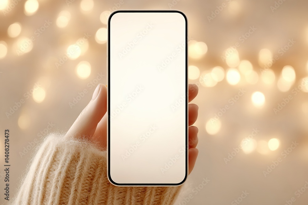 Aufkleber hand holding a smartphone with a blank screen illuminated by warm bokeh lights in a cozy setting dur