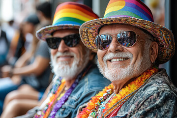 Fototapeta premium Two men wearing rainbow hats and sunglasses are smiling for the camera. They are wearing colorful clothing and accessories, including a flower lei and a necklace
