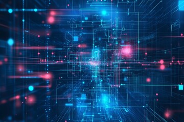 Fototapeta premium Abstract digital network background with glowing lines and shapes in shades of blue and pink light