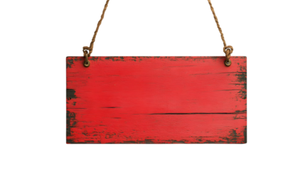 Vintage Red Wooden Sign with Rope Hanger and Peeling Paint for Rustic Decor and Signage Concepts