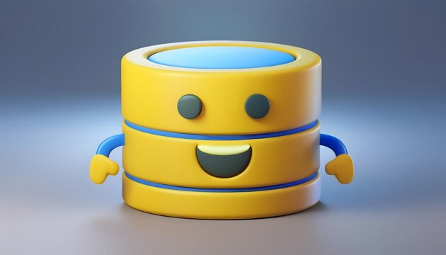 Cute 3D Rendered Database Icon with Happy Face and Arms, Illustrating Data Management, Technology, and Cloud Computing with a Friendly Character Design