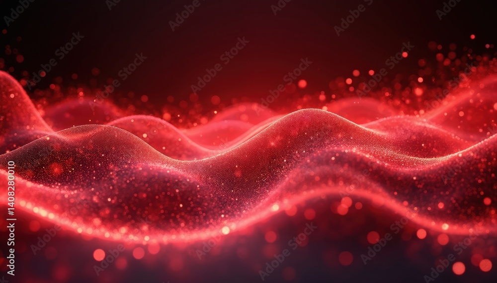Aufkleber Abstract digital red wave with glowing particles. Futuristic tech design with dynamic motion, energy flow. Modern network data connection. Digital artwork for web, computer, cyberspace or background.